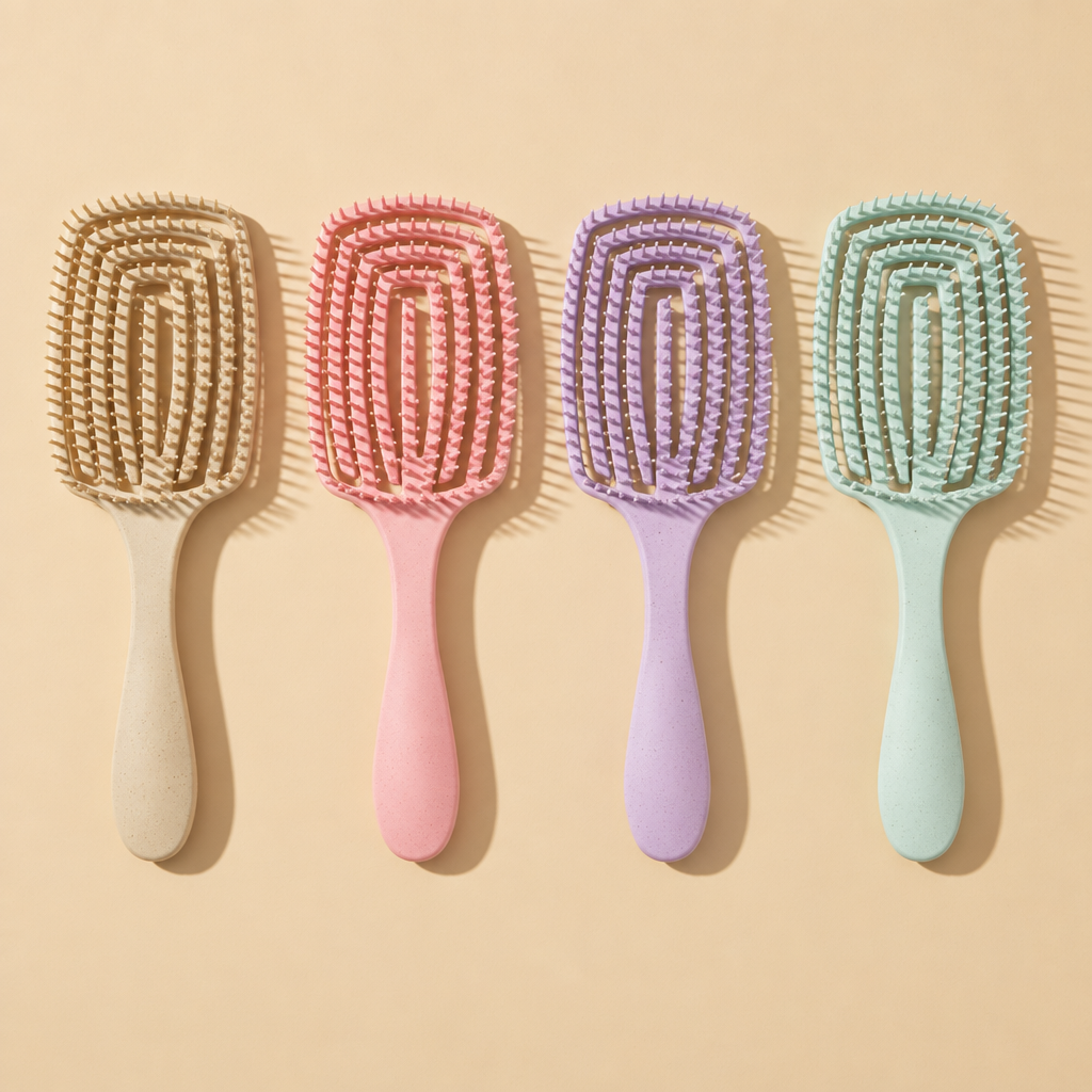 Beige, pink, purple and mint brushes on a warm beige background