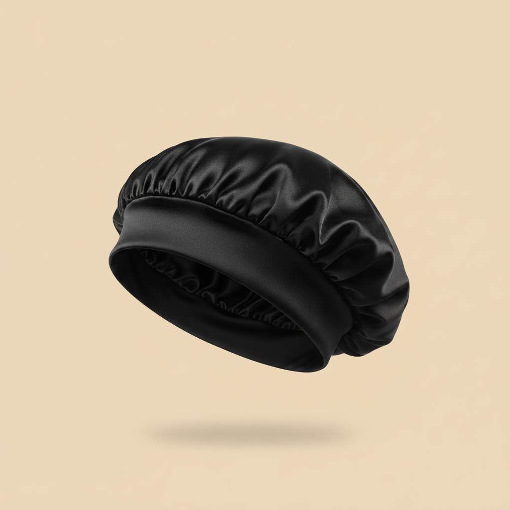 Black Satin Bonnet - Beige Background