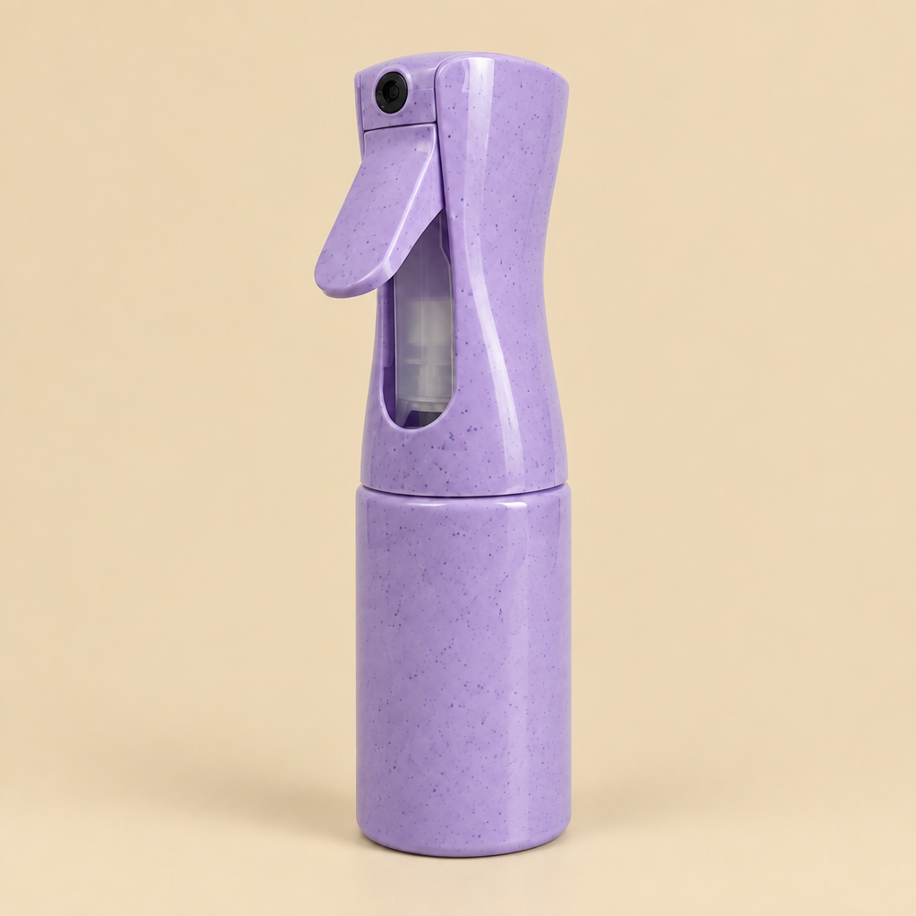 Purple mist bottle with beige background